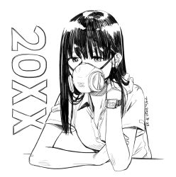 Rule 34 | 1girl, aihara akito, apple watch, bracelet, dated, greyscale, highres, jewelry, long hair, monochrome, natsuki (new normal), new normal, respirator, shirt, short sleeves, simple background, sitting, smartwatch, unbuttoned, unbuttoned shirt, watch, white background, wristwatch