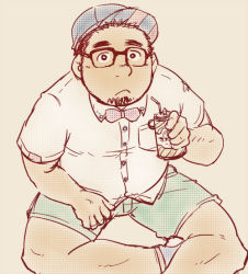 Rule 34 | 1boy, bara, baseball cap, belly, bow, bowtie, brown theme, bulge, casual, collared shirt, crossed legs, facial hair, feet out of frame, from above, glasses, goatee, hat, holding, looking at viewer, male focus, muted color, original, shirt, short hair, shorts, sitting, solo, suv (suv032), thick eyebrows