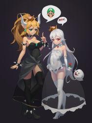 Rule 34 | 2girls, absurdres, adapted costume, akarra, albino, alternate costume, alternate eye color, arm at side, armlet, bare shoulders, holding behind back, black footwear, black leotard, blush, boo (mario), bowsette, bracelet, breasts, brooch, child, choker, collar, commentary request, earrings, elbow gloves, fangs, flat chest, flower, frilled choker, frilled gloves, frilled leotard, frills, gem, gloves, green eyes, green gemstone, grey skirt, grin, hair between eyes, hand up, high heels, highres, holding, holding flower, impossible clothes, impossible leotard, jewelry, jpeg artifacts, leotard, light smile, long hair, long skirt, looking at another, looking at viewer, luigi&#039;s mansion, mario (series), medium breasts, multiple girls, new super mario bros. u deluxe, nintendo, open mouth, pink lips, pointing, pointing up, pointy ears, ponytail, princess king boo, purple background, red eyes, red gemstone, rose, see-through, see-through skirt, sharp teeth, sidelocks, silver hair, simple background, skirt, small breasts, smile, spiked armlet, spiked boots, spiked bracelet, spiked collar, spikes, spoken blush, spoken character, standing, strapless, strapless leotard, super crown, teeth, thighhighs, thighs, very long hair, white choker, white footwear, white gloves, white legwear, white leotard, wide ponytail