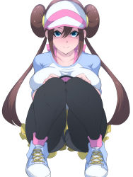 Rule 34 | 1girl, black pantyhose, blue eyes, breast press, breasts, brown hair, commentary request, creatures (company), double bun, game freak, hair between eyes, hair bun, hat, highres, large breasts, long hair, looking at viewer, nintendo, pantyhose, pokemon, pokemon bw2, rosa (pokemon), shiva (tairakuten), shoes, sidelocks, simple background, smile, sneakers, solo, squatting, twintails, visor cap, white background