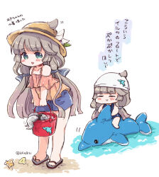 Rule 34 | abyssal ship, blue one-piece swimsuit, blue shorts, brown headwear, bucket, commentary request, cosplay, enemy naval mine (kancolle), frilled shirt, frills, full body, green eyes, grey hair, hat, hirato (kancolle), hirato (kancolle) (cosplay), inflatable dolphin, inflatable toy, kantai collection, long hair, low twintails, miko (35nikomi), mikura (kancolle), one-piece swimsuit, orange shirt, riding, shirt, shorts, standing, starfish, sun hat, swim cap, swimsuit, teeth, tentacles, translation request, twintails