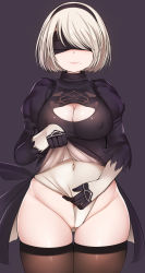Rule 34 | 1girl, absurdres, bad id, bad pixiv id, belly, black background, black dress, black gloves, blindfold, breasts, brown thighhighs, cleavage, cleft of venus, clothing aside, covered navel, cowboy shot, curvy, dress, female pubic hair, gloves, gluteal fold, groin, hairband, highres, leotard, leotard aside, light smile, mapar, mole, mole under mouth, multicolored clothes, multicolored gloves, nier (series), nier:automata, partially visible vulva, pubic hair, short hair, simple background, skirt, smile, solo, teasing, thick thighs, thigh gap, thighhighs, thighs, uncensored, white gloves, white hair, white leotard, white thighhighs, wide hips, 2b (nier:automata)