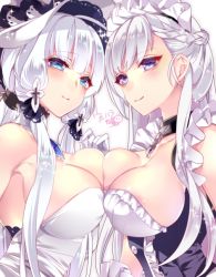 Rule 34 | 2girls, apron, azur lane, bad id, bad pixiv id, bare shoulders, belfast (azur lane), braid, breast press, breasts, chain, cleavage, closed mouth, collar, collarbone, commentary request, corset, dress, elbow gloves, french braid, frilled apron, frills, gloves, hat, illustrious (azur lane), large breasts, looking at viewer, low twintails, maid, maid apron, maid headdress, mole, mole under eye, multiple girls, silver hair, smile, sun hat, symmetrical docking, twintails, uehara (higanbachi), white apron, white dress, white gloves, white hat
