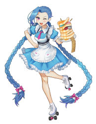 Rule 34 | 1girl, absurdres, apron, blue dress, blue hair, blush, bow, braid, breasts, bullet, commentary request, dress, fang, food, foot up, frilled apron, frilled dress, frills, full body, hand up, highres, holding, holding plate, jinx (league of legends), laon, league of legends, long hair, medium breasts, one eye closed, open mouth, pancake, pancake stack, plate, puffy short sleeves, puffy sleeves, roller skates, short sleeves, simple background, skates, smile, solo, standing, standing on one leg, twin braids, very long hair, white background, wink