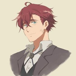 Rule 34 | 1boy, blue eyes, brooch, claudia hodgins, dirty, dirty face, facial hair, formal, hair between eyes, jewelry, male focus, portrait, simple background, solo, stubble, suit, taribanseikenhaisshisoden, violet evergarden (series), white background