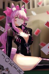 Rule 34 | 1girl, animal ear fluff, animal ears, black bodysuit, bodysuit, bow, breasts, card, center opening, choker, cleavage, fate/grand order, fate (series), fox ears, fox girl, fox tail, grin, hair between eyes, hair bow, harth 07, highres, hip vent, koyanskaya (assassin) (first ascension) (fate), koyanskaya (fate), large breasts, long hair, looking at viewer, pink bow, pink hair, playing card, ponytail, sidelocks, sitting, smile, solo, tail, tamamo (fate), thighs, yellow eyes