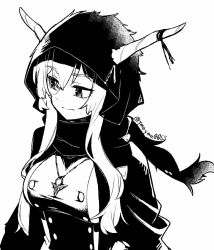 Rule 34 | 1girl, arknights, breasts, commentary, demon horns, greyscale, hair between eyes, hood, hood up, horns, horns through hood, long hair, looking to the side, medium breasts, monochrome, scarf, shining (arknights), sidelocks, simple background, solo, upper body, white background, yom (ymayma00ss)