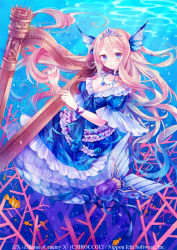 Rule 34 | 1girl, blue eyes, blush, breasts, cleavage, copyright name, coral, da (room), dress, fins, fish, frilled dress, frills, gensou sariel, harp, ibara riato, instrument, jewelry, light rays, long hair, looking at viewer, mermaid, monster girl, necklac, necklace, official art, outdoors, pink hair, sariel (z/x), solo, submerged, sunlight, tiara, tsurime, water, watermark, z/x