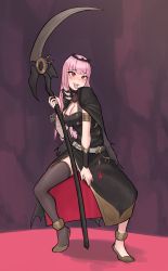 Rule 34 | 1girl, ahegao, black cape, black nails, blush, bracer, breasts, cape, cleavage, commentary, english commentary, heart, heart in eye, highres, holding, holding scythe, hololive, hololive english, leaning to the side, long hair, looking up, medium breasts, mori calliope, nail polish, pink hair, rajah (dajah), red eyes, scythe, single sleeve, single thighhigh, solo, spikes, symbol in eye, thighhighs, tiara, tongue, tongue out, virtual youtuber