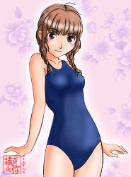 Rule 34 | 1girl, braid, brown hair, hair over shoulder, kimi kiss, lowres, mizusawa mao, neopure, one-piece swimsuit, school swimsuit, solo, swimsuit, twin braids, twintails