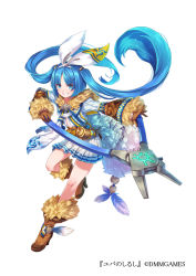 Rule 34 | &gt;:), 1girl, blue eyes, blue hair, bow, brown footwear, brown gloves, full body, fur trim, gloves, hair bow, holding, holding weapon, mataichi mataro, official art, pleated skirt, pliers, simple background, skirt, solo, twintails, weapon, white background, white bow, white neckwear, white skirt, yuba no shirushi