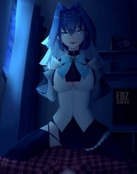 Rule 34 | 1girl, blue eyes, breasts, chain, cleavage, clothing cutout, edzactly, gloves, highres, hololive, hololive english, looking at viewer, open mouth, ouro kronii, ouro kronii (1st costume), smile, thighhighs, underboob, underboob cutout, virtual youtuber