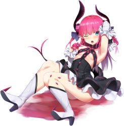 Rule 34 | 10s, 1girl, armpits, bad id, bad pixiv id, blue eyes, blush, boots, breasts, detached sleeves, elizabeth bathory (fate), elizabeth bathory (fate/extra ccc), elizabeth bathory (first ascension) (fate), fate/extra, fate/extra ccc, fate/grand order, fate (series), high heel boots, high heels, horns, long hair, omochi no kimochi, one eye closed, pink hair, pointy ears, small breasts, solo, underboob