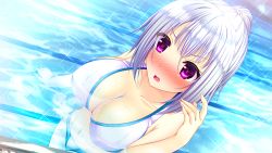 Rule 34 | 1girl, bikini, blush, breasts, cleavage, collarbone, embarrassed, female focus, game cg, giga (company), izumo kasumi (ren&#039;ai phase), large breasts, legs, long hair, looking away, navel, nironiro, open mouth, partially submerged, pink eyes, ponytail, pool, ren&#039;ai phase, solo, standing, swimsuit, thighs, water, wet, white hair