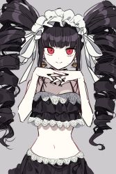 Rule 34 | 1girl, 3j dangan, bikini, bikini skirt, black hair, black nails, breasts, celestia ludenberg, collarbone, commentary request, cowboy shot, danganronpa (series), danganronpa s: ultimate summer camp, drill hair, earrings, frills, gothic lolita, grey background, hands up, highres, jewelry, lace, lolita fashion, long hair, looking at viewer, medium breasts, midriff, nail polish, navel, red eyes, simple background, smile, solo, stomach, swimsuit, twin drills, twintails