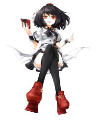Rule 34 | 1girl, absurdres, black hair, black skirt, black thighhighs, commentary request, crossed legs, frilled skirt, frills, full body, hat, high heels, highres, holding, holding notepad, looking at viewer, moritomoetomomi, notepad, open mouth, red eyes, red footwear, red hat, shameimaru aya, shirt, short hair, short sleeves, sitting, skirt, solo, teeth, thighhighs, tokin hat, touhou, upper teeth only, white shirt