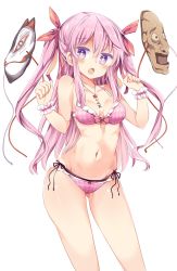 Rule 34 | 1girl, :o, alternate hairstyle, arm up, bare arms, bare shoulders, bikini, breasts, bright pupils, cleavage, collarbone, cowboy shot, fox mask, gluteal fold, hair between eyes, hair ribbon, hata no kokoro, highres, jewelry, layered bikini, long hair, looking at viewer, mask, maturiuta sorato, medium breasts, navel, necklace, open mouth, pink eyes, pink hair, plaid, plaid bikini, red ribbon, ribbon, side-tie bikini bottom, simple background, solo, standing, stomach, swimsuit, tan, tanline, thighs, touhou, twintails, two side up, white background, wrist cuffs