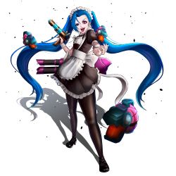 Rule 34 | 1girl, absurdres, alternate costume, belt, black skirt, blue hair, bow, braid, breasts, cross-laced clothes, frills, full body, high heels, highres, jinx (league of legends), layered skirt, league of legends, lipstick, long hair, looking at viewer, maid, maid headdress, makeup, pink eyes, simple background, skirt, small breasts, solo, thighhighs, twin braids, very long hair, white background