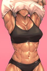 Rule 34 | 1girl, abs, armpits, breasts, brown hair, clothes lift, covered face, highres, large breasts, mikel (4hands), muscular, muscular female, original, pink background, pink lips, shirt lift, short hair, signature, solo, sweat, tan