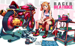 Rule 34 | 1girl, blonde hair, blueprint (object), blush, boots, bottle, breasts, chair, closed mouth, clothes around waist, collarbone, crop top, english text, glint, gloves, unworn gloves, haikeb89, hair ribbon, head tilt, holding, jacket, jacket around waist, long hair, motor vehicle, motorcycle, navel, original, own hands together, red footwear, red gloves, red ribbon, ribbon, schematic, shadow, sitting, small breasts, smile, solo, twintails, wrench