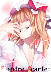 Rule 34 | 1girl, blonde hair, bow, character name, female focus, flandre scarlet, grin, hand on own face, hat, hat bow, highres, long hair, looking at viewer, looking down, red eyes, side ponytail, smile, solo, touhou, u u zan, upper body