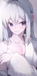 Rule 34 | 1girl, bad id, bad twitter id, bare shoulders, blurry, breasts, cleavage, closed mouth, collarbone, crossed bangs, day, depth of field, detached sleeves, dress, grey background, hair intakes, hair over shoulder, highres, huhi (huhi 1211), jewelry, light particles, long sleeves, looking at viewer, medium breasts, multicolored eyes, necklace, original, purple eyes, sidelocks, simple background, smile, solo, sunlight, upper body, virtual youtuber, white dress, white hair