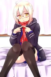 Rule 34 | 1girl, :o, ahoge, artoria pendragon (all), artoria pendragon (fate), bad id, bad pixiv id, black-framed eyewear, blonde hair, convenient leg, fate/grand order, fate (series), fingers together, fujimori tonkatsu, glasses, highres, index fingers together, jacket, looking at viewer, mysterious heroine x alter (fate), mysterious heroine x alter (first ascension) (fate), on bed, open mouth, plaid, plaid scarf, red scarf, saber (fate), scarf, school uniform, semi-rimless eyewear, short hair, sitting, skirt, solo, thighhighs, under-rim eyewear, yellow eyes