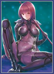 Rule 34 | ankle boots, armor, armored boots, blue border, blurry, blush, bodysuit, boots, border, breasts, closed mouth, commentary request, covered navel, fate/grand order, fate (series), gae bolg (fate), hair intakes, hand on own chest, highres, holding, holding weapon, large breasts, lips, long hair, looking at viewer, pauldrons, purple bodysuit, purple hair, red eyes, scathach (fate), shiny clothes, shoulder armor, shoulder pads, sitting, skin tight, smile, spread legs, tareme, utu (ldnsft), weapon