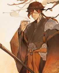 Rule 34 | 1boy, black hair, branch, brown hair, chinese clothes, closed mouth, cup, earrings, genshin impact, hair between eyes, hanfu, highres, holding, holding cup, jewelry, long hair, long sleeves, looking at viewer, male focus, multicolored hair, polearm, ponytail, simple background, single earring, solo, tassel, tassel earrings, teacup, velinxi, weapon, yellow eyes, zhongli (genshin impact)