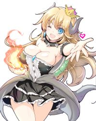 Rule 34 | 1girl, absurdres, adapted costume, armlet, bare shoulders, black dress, blonde hair, blue eyes, bowsette, bracelet, breasts, center frills, cleavage, collar, commentary request, crown, dress, earrings, fire, forked eyebrows, frilled dress, frills, hair between eyes, highres, horns, jewelry, large breasts, long hair, mario (series), misakura nankotsu, nintendo, ponytail, sharp teeth, skindentation, solo, spiked armlet, spiked bracelet, spiked collar, spiked shell, spikes, strapless, strapless dress, super crown, teeth, thick eyebrows, turtle shell, white background