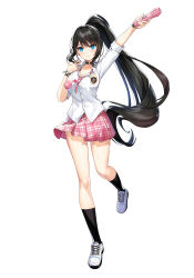 Rule 34 | 1girl, arm up, badge, black choker, black hair, black socks, blue eyes, bracelet, breasts, choker, cleavage, closers, collared shirt, full body, hands up, highres, holding, holding microphone, idol, jewelry, kneehighs, large breasts, leg up, long hair, long sleeves, microphone, miniskirt, necktie, official art, open hand, outstretched arm, pink necktie, pink skirt, plaid, plaid necktie, plaid skirt, pleated skirt, ponytail, school uniform, shirt, shoes, sidelocks, skirt, sleeves pushed up, smile, sneakers, socks, solo, star bracelet, tachi-e, v-shaped eyebrows, very long hair, walking, white background, white footwear, white shirt, yuri seo