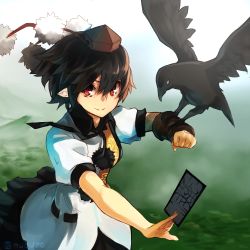 Rule 34 | 1girl, absurdres, artist name, bird, black hair, clenched hand, collared shirt, crow, forest, frilled skirt, frills, hat, highres, landing, looking at viewer, mountain, nature, nuqura, outstretched hand, pointy ears, pom pom (clothes), puffy short sleeves, puffy sleeves, red eyes, ribbon, shameimaru aya, shirt, short hair, short sleeves, skirt, smile, solo, spell card, tokin hat, touhou