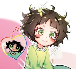 Rule 34 | 1girl, arrow (symbol), baekran 4560, black hair, blunt bangs, blurry, blurry background, blush, buttercup (ppg), buttercup redraw challenge (meme), derivative work, green eyes, green pajamas, heart, highres, lamp, long sleeves, meme, messy hair, outline, pajamas, powerpuff girls, reference inset, screenshot inset, screenshot redraw, shadow, smile, solo, sparkle, upper body, white outline