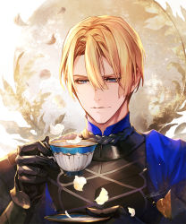 Rule 34 | 1boy, armor, black armor, blonde hair, blue capelet, blue eyes, capelet, closed mouth, commentary, cup, danhu, dimitri alexandre blaiddyd, english commentary, falling petals, fire emblem, fire emblem: three houses, garreg mach monastery uniform, gauntlets, hair between eyes, highres, holding, holding cup, holding plate, light smile, looking down, male focus, nintendo, petals, plate, short hair, solo, upper body