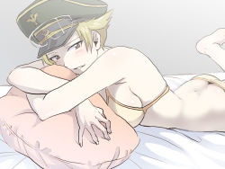 Rule 34 | 10s, 1girl, ass, blonde hair, blush, breasts, butt crack, dimples of venus, erwin (girls und panzer), feet, girls und panzer, hat, looking at viewer, lying, military hat, hugging object, on stomach, parted lips, pillow, pillow hug, rinoko, sideboob, sketch, smile, solo, underwear, underwear only, yellow eyes