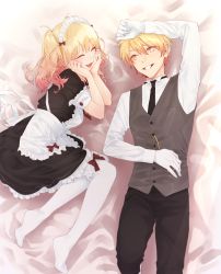 Rule 34 | 1boy, 1girl, :3, absurdres, apron, arm above head, bed, black dress, black necktie, black pants, blonde hair, brother and sister, closed eyes, collared shirt, colored tips, dress, eyelashes, feet out of frame, frilled apron, frilled dress, frilled hairband, frills, gloves, gradient hair, grey vest, grin, hair between eyes, hairband, hand on own stomach, happy, head rest, highres, knees together feet apart, laughing, light blush, light particles, long sleeves, looking at another, looking to the side, lying, maid, maid headdress, multicolored hair, necktie, no shoes, on back, on bed, on side, orange hair, pants, pantyhose, project sekai, red ribbon, ribbon, sa tsuko, shirt, short dress, short sleeves, siblings, side-by-side, sidelocks, smile, tenma saki, tenma tsukasa, thighhighs, tsurime, twintails, vest, wavy hair, white apron, white gloves, white hairband, white shirt, white thighhighs, yellow eyes