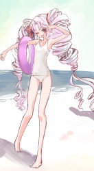 Rule 34 | 1girl, ;d, ahoge, bare arms, bare legs, bare shoulders, barefoot, beach, breasts, collarbone, drill hair, fang, full body, gluteal fold, hair intakes, highres, innertube, long hair, microa, one-piece swimsuit, one eye closed, open mouth, pink hair, purple innertube, red eyes, shadow, skin fang, small breasts, smile, solo, standing, swim ring, swimsuit, tsuina-chan, twin drills, v-shaped eyebrows, very long hair, voiceroid, water, white one-piece swimsuit