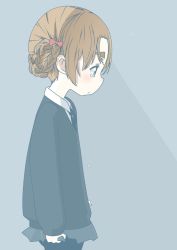 Rule 34 | 1girl, black necktie, black pantyhose, blue eyes, blue skirt, blue sweater, blush, bow, braid, closed mouth, commentary, cowboy shot, crying, crying with eyes open, dress shirt, from side, girls und panzer, grey background, hair bow, highres, light frown, long sleeves, miniskirt, necktie, orange hair, orange pekoe (girls und panzer), pantyhose, parted bangs, pero (gessoyo), pleated skirt, red bow, school uniform, shirt, short hair, skirt, skirt hold, solo, st. gloriana&#039;s school uniform, standing, sweater, tears, v-neck, water drop, white shirt, wing collar