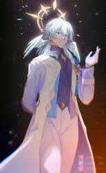 Rule 34 | 1boy, arm behind back, blue shirt, coat, commentary, cowboy shot, gloves, hand up, head wings, highres, honkai: star rail, honkai (series), long hair, long sleeves, male focus, odeko yma, open clothes, open coat, pants, shirt, solo, standing, sunday (honkai: star rail), white coat, white gloves, white hair, white pants, wings