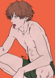 Rule 34 | 1boy, abs, adam&#039;s apple, bare arms, bare back, bare legs, bare shoulders, boxers, brown eyes, brown hair, chainsaw man, collarbone, denji (chainsaw man), eyebrows, fang, fangs, green shorts, hair between eyes, highres, looking to the side, male focus, male underwear, midriff, nenashibito, nipples, orange background, sharp teeth, short hair, shorts, solo, solo focus, stomach, teeth, tongue, tongue out, topless male, underwear, underwear only, watermark