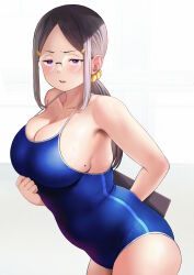 Rule 34 | atgsanz (wttoo0000), blue one-piece swimsuit, breasts, brown hair, clenched hand, clipboard, glasses, hair ornament, hair scrunchie, hairclip, highres, indoors, jimiko, large breasts, leaning forward, long hair, looking at viewer, mole, mole on breast, mole under mouth, one-piece swimsuit, open mouth, original, plump, ponytail, purple eyes, school swimsuit, scrunchie, sideboob, swimsuit