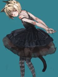 Rule 34 | 1girl, animal ears, arms behind back, bare shoulders, black dress, black pantyhose, blonde hair, cat ears, cat tail, dress, frills, hair intakes, highres, looking at viewer, original, pantyhose, patterned legwear, red eyes, ryuukeichi andromeda, short dress, short hair, simple background, sketch, sleeveless, solo, standing, strap slip, striped clothes, striped pantyhose, tail
