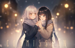 Rule 34 | 2girls, aluce, black hair, blue eyes, blurry, blurry background, blush, character request, closed mouth, coat, cold, fate/grand order, fate (series), frown, glowing, happy, holding hands, house, jacket, jeanne d&#039;arc (fate), jeanne d&#039;arc alter (avenger) (fate), jeanne d&#039;arc alter (fate), lamp, light, long hair, looking at another, looking down, multiple girls, open mouth, scarf, shared clothes, shared scarf, short hair, smile, standing, white hair, winter, winter clothes, yellow eyes