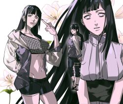 Rule 34 | 1girl, abs, arms behind back, black footwear, black hair, black pants, black shorts, blunt bangs, breasts, cleavage, cowboy shot, crop top, fishnet top, fishnets, floral background, flower, highres, hime cut, hyuuga hinata, itachi3413, jacket, large breasts, lily (flower), long hair, long sleeves, looking at viewer, looking back, middle finger, midriff, multicolored clothes, multicolored jacket, multiple views, naruto: the last, naruto (series), naruto shippuuden, pants, parted lips, pupiless eyes, purple jacket, sandals, short shorts, shorts, sidelocks, solo, two-tone jacket, v arms, white eyes, white flower, white jacket