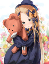 Rule 34 | 1girl, abigail williams (fate), black bow, black dress, black hat, blonde hair, blue eyes, blush, bow, closed mouth, dress, fate/grand order, fate (series), flower, forehead, hair bow, hat, long hair, long sleeves, looking at viewer, multiple hair bows, orange bow, parted bangs, polka dot, polka dot bow, ribbed dress, sakazakinchan, sleeves past fingers, sleeves past wrists, solo, stuffed animal, stuffed toy, teddy bear