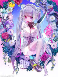 Rule 34 | 1girl, animal ears, artist name, bare shoulders, blue flower, bow, breasts, candy, cat hair ornament, chain, chocolate, chocolate heart, chocolate on body, chocolate on breasts, cleavage, commentary request, doll, dress, eyepatch, flower, food, food on body, food on breasts, frilled hairband, frills, full body, game boy, game boy (original), glint, green flower, hair ornament, hairband, hairclip, handheld game console, heart, heart eyepatch, highres, holding, holding food, jewelry, john hathway, knife, large breasts, light bulb, long hair, moe2020, mouth hold, original, pink ribbon, platform footwear, purple eyes, purple footwear, purple hair, red flower, red rose, ribbon, ribbon in mouth, ring, rose, safety pin, shoes, silver hair, sitting, solo, striped clothes, striped thighhighs, thighhighs, translation request, twintails, vertical-striped clothes, vertical-striped thighhighs, very long hair, water drop, watermark, white bow, white dress, white flower, white hairband, white rose, white thighhighs