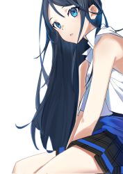 Rule 34 | 1girl, black hair, black skirt, blue eyes, blue theme, commentary, eyebrows hidden by hair, from side, hair between eyes, highres, hoshino ichika (project sekai), long hair, looking at viewer, looking to the side, mgc52003625, parted lips, plaid, plaid skirt, pleated skirt, project sekai, shirt, simple background, skirt, sleeveless, sleeveless shirt, solo, white background, white shirt