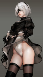 Rule 34 | 1girl, android, as109, black dress, black footwear, boots, clothes lift, cowboy shot, dress, dress lift, gloves, gradient background, grey background, hairband, highleg, highres, lifted by self, mole, mole under mouth, nier:automata, nier (series), short dress, short hair, simple background, solo, thigh boots, thighhighs, visor, white hair, 2b (nier:automata)