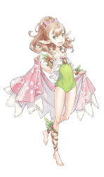Rule 34 | 1girl, :d, adapted costume, alternate hairstyle, anklet, armlet, barefoot, bell, bow, brown hair, casual one-piece swimsuit, covered navel, crop top, crop top overhang, feet, flat chest, floral print, flower, full body, green eyes, green one-piece swimsuit, hair bow, hair up, high ponytail, holding, jewelry, kingdom saga, lace, leaf, long hair, long pointy ears, looking at viewer, metia lilenriren, official art, one-piece swimsuit, open mouth, plant, pointy ears, ponytail, qni, ribbon trim, sarong, simple background, smile, solo, standing, strapless, swimsuit, wavy hair, white background