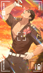 Rule 34 | 1boy, absurdres, axis powers hetalia, bara, belt, black hair, black pants, bottle, buttons, drinking, gloves, highres, holding, holding bottle, indonesia (hetalia), large pectorals, looking at viewer, male focus, mazjojo, muscular, muscular male, nipple slip, nipples, open mouth, outdoors, pants, partially unbuttoned, pectorals, pouring, pouring onto self, recording, shirt, short hair, solo, sunset, viewfinder, wet, wet clothes, white belt, white gloves, white shirt